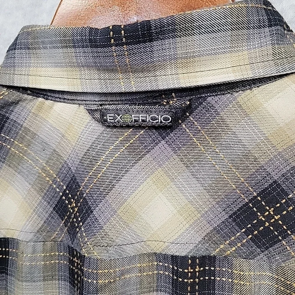 ExOfficio Travel Wear Shirt Mens Large Tan Plaid Long Sleeve Fishing Hiking